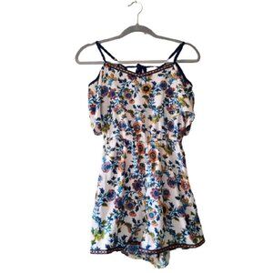 Francesca's Blue Rain Floral Romper Off the Shoulder Size S